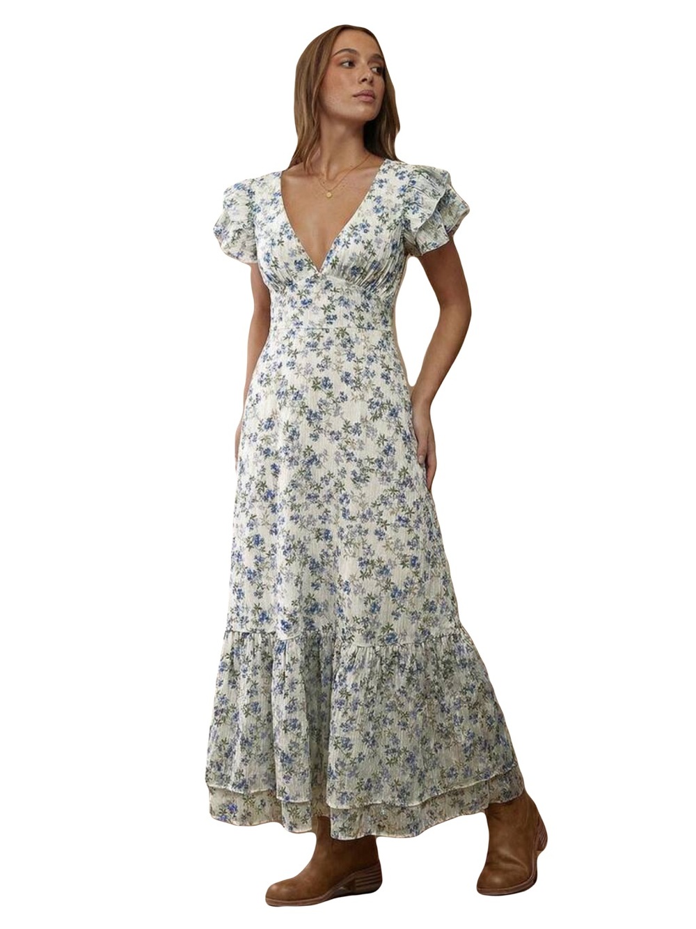 Westfade blue floral chiffon flutter sleeve ruffle hem v neck maxi dress S